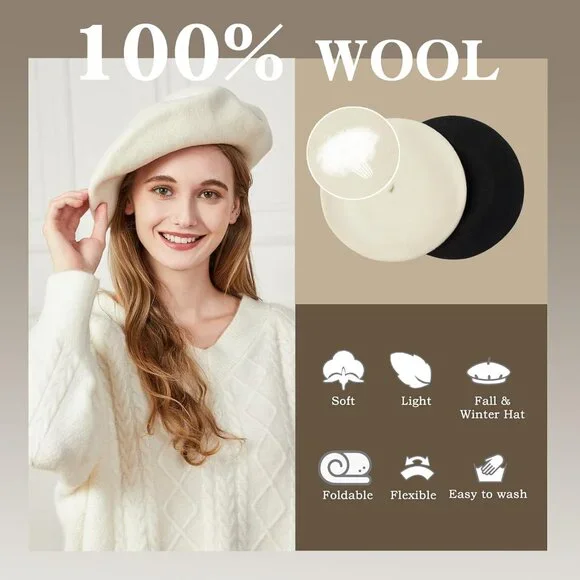 XXL 100% Wool French White Beret Hats for Women Man Painter hat Classic Painter'